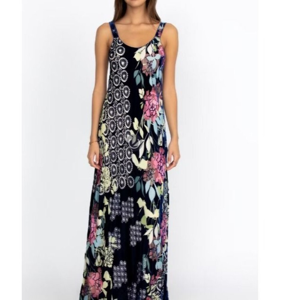 Sierra Burnout Peony Navy Blue Floral Silk Maxi Dress Women's XS